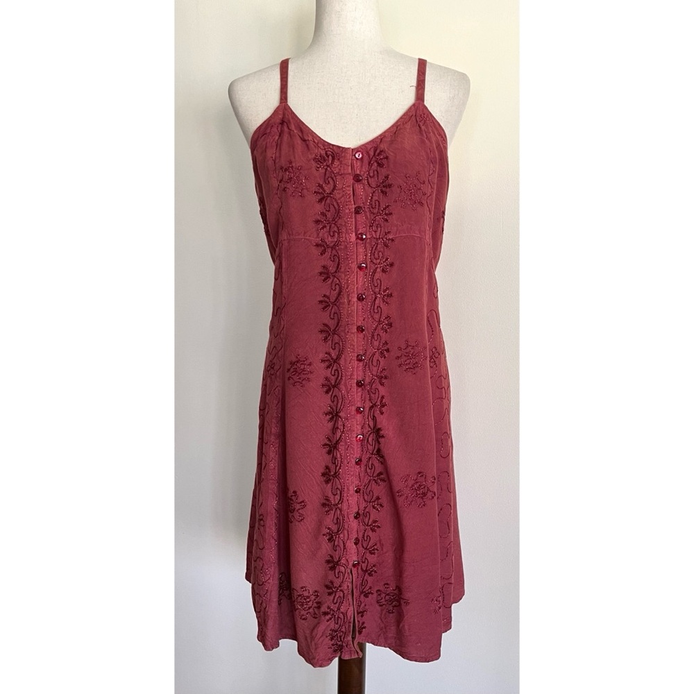 Vintage 90s Rayon Dress Festival Hippie Fairy Grunge Embroidered Salmon Sz Large